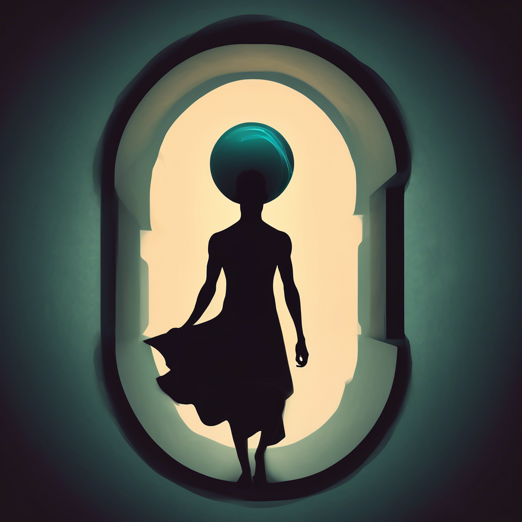 siluette levitating in air with a portal below