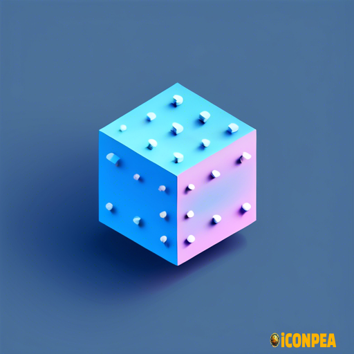 simple icon, low resolution, ai processing, blue, net dots surrounding pastel blue cube, 3d, isometric, tech design, solid dark gray background, no shadow