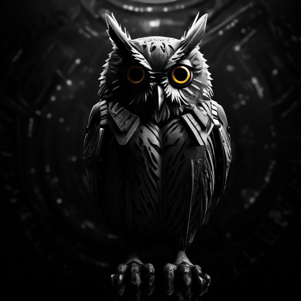cyber spy owl in black and white moody dark atmosphere