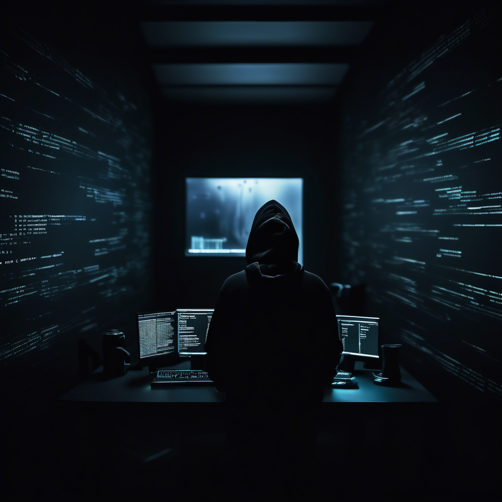 dark moody room with a siluette with a black hoodie, stearing at a computer screen with code
