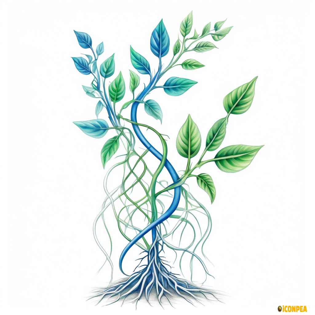 pencil drawing of simple plant with roots, roots in form of double helix, blue and green color, white background