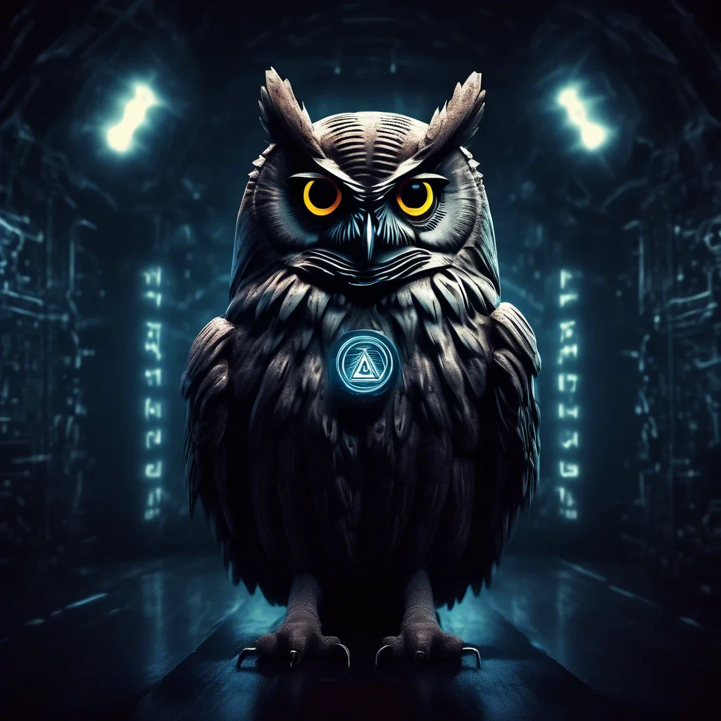 cyber night owl in a dark moody room with illuminati symbol behind the owl