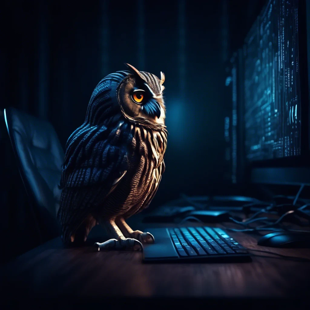 cyber night owl in a dark moody room. surveillance, spy, hacker, coder