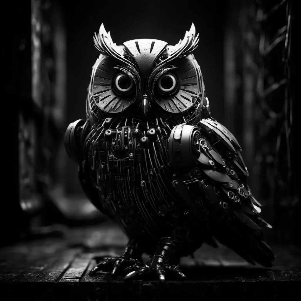 cyber owl in black and white moody dark atmosphere