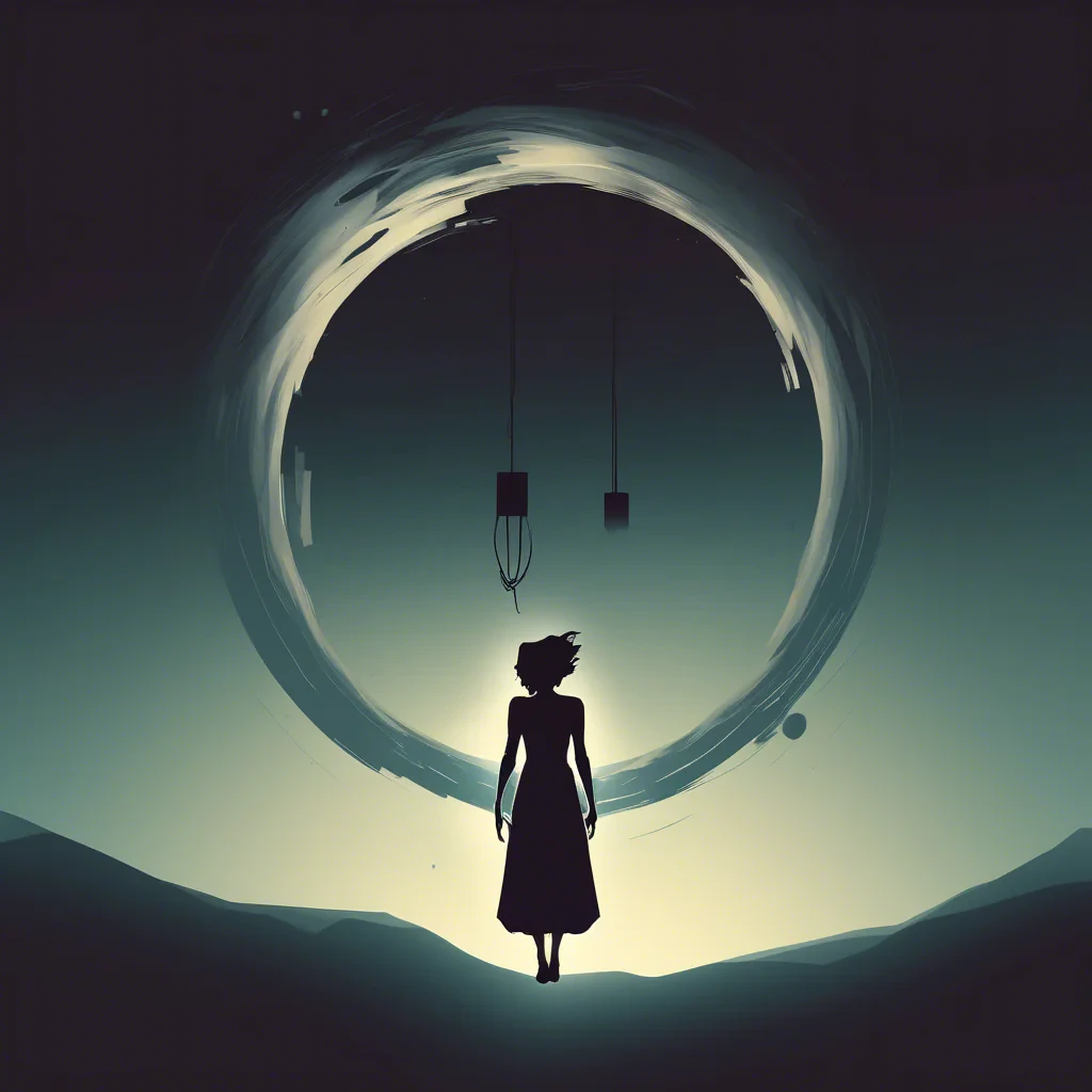 siluette levitating in air with a portal below