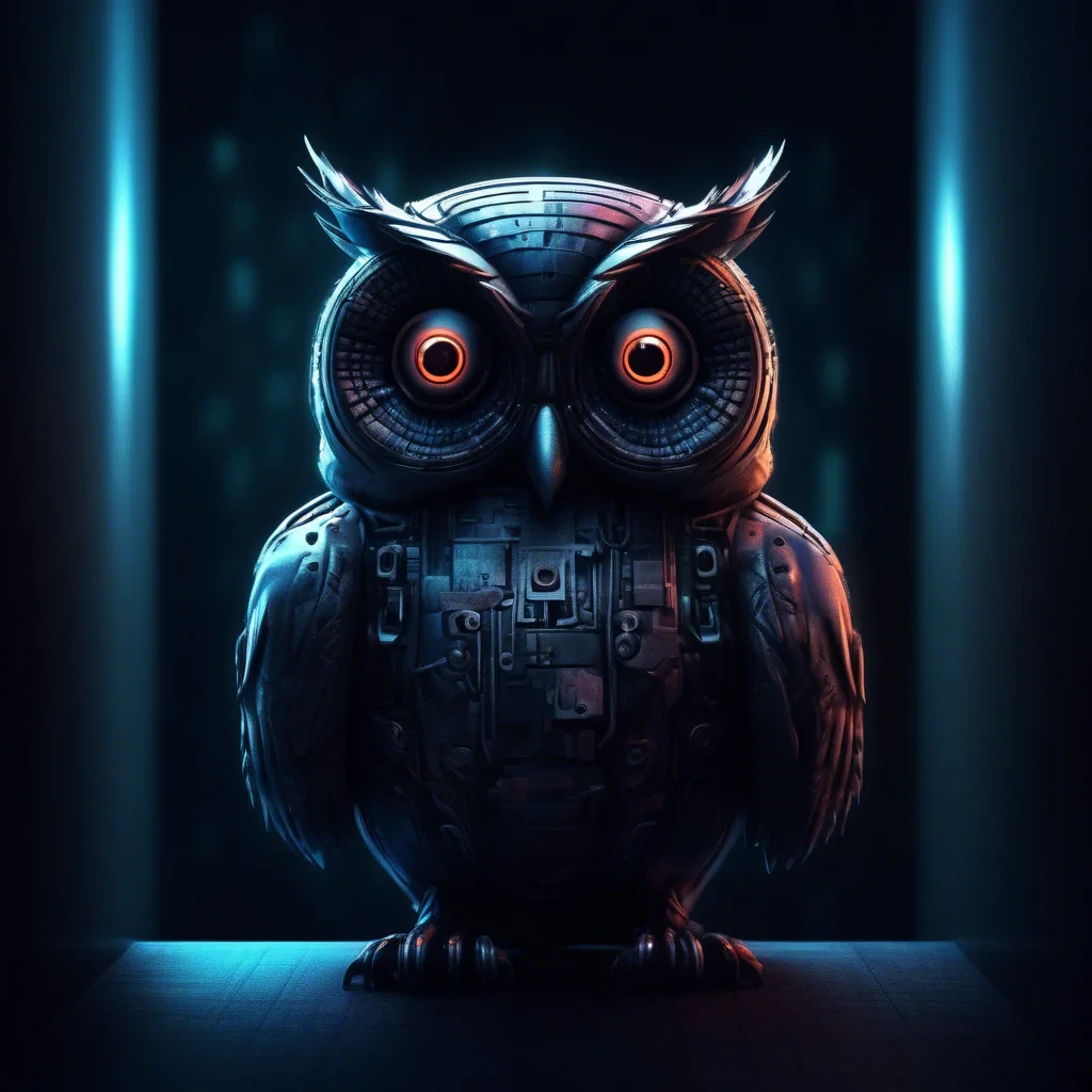 cyber owl in a dark moody room spying everyone