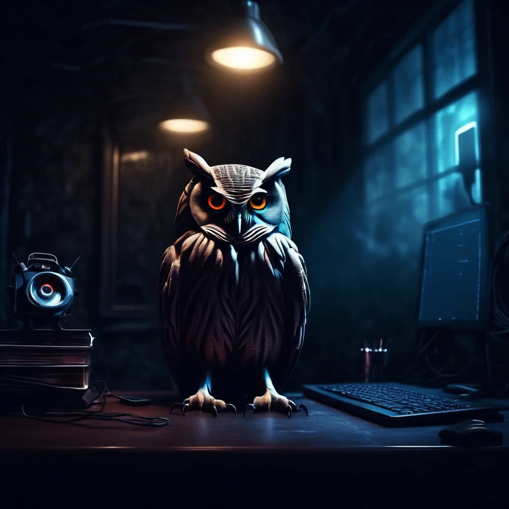 cyber night owl in a dark moody room. surveillance, spy, illuminati