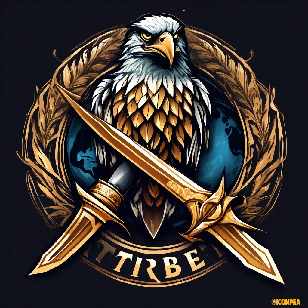A logo for a tribe, fearsome hawk protecting planet Earth, sword, metallic (noble, grand, sacred)