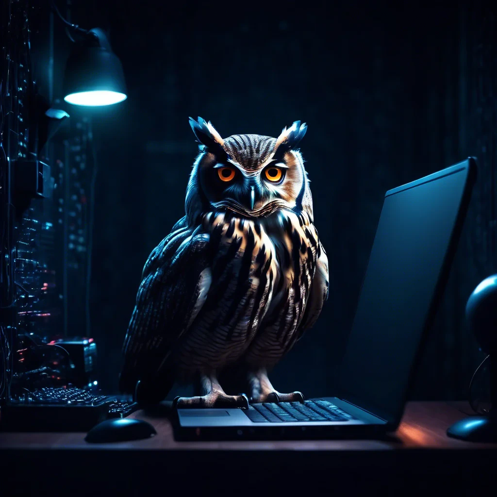 cyber night owl in a dark moody room. surveillance, spy, hacker, coder