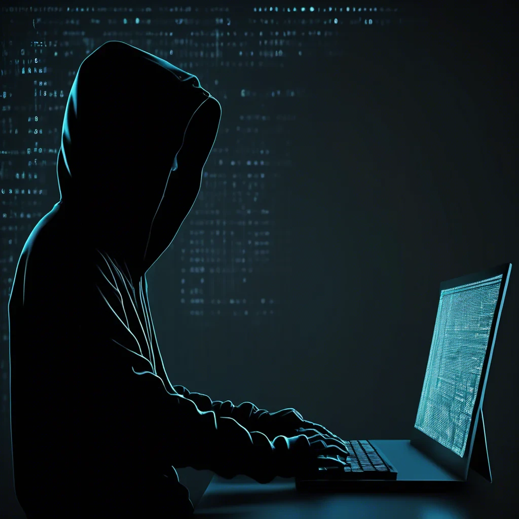 siluette with a black hoodie, stearing at a computer screen with code on the screen