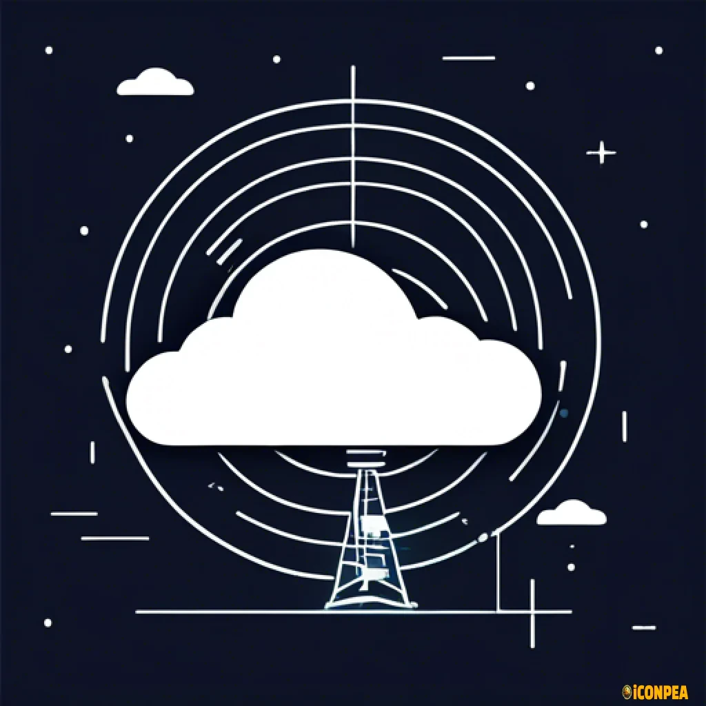 flat simple icon, server on the ground near cloud beam signals to satellite in space