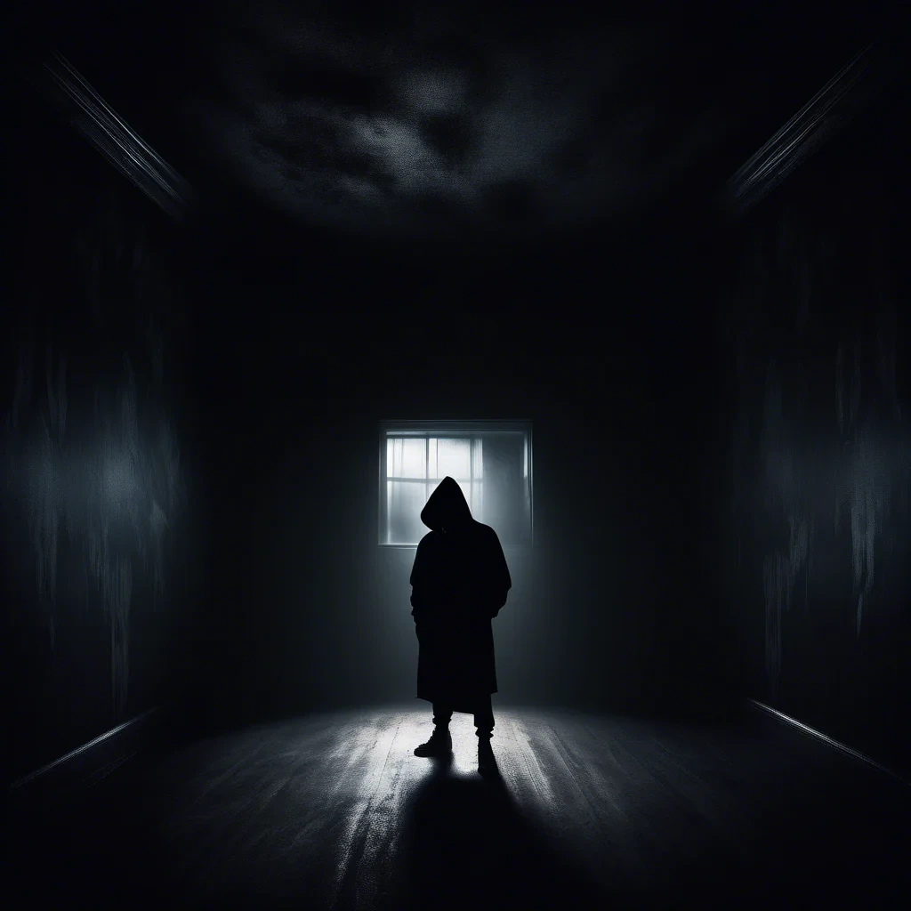 dark moody room with a siluette wearing a black hoodie, stearing with horrifying eyes