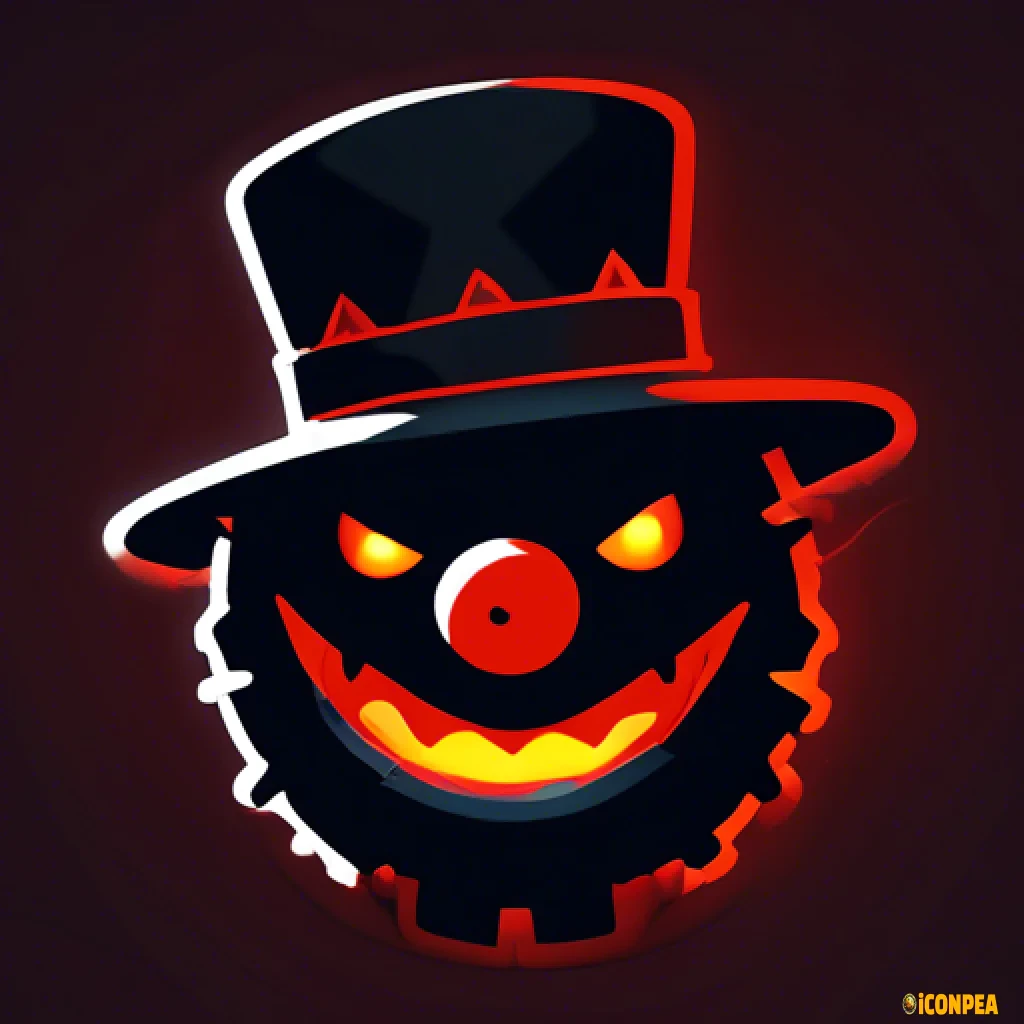 icon for app the head of an evil black snowman with red eyes, who has a big gear instead of a hat and a bitten carrot instead of a nose