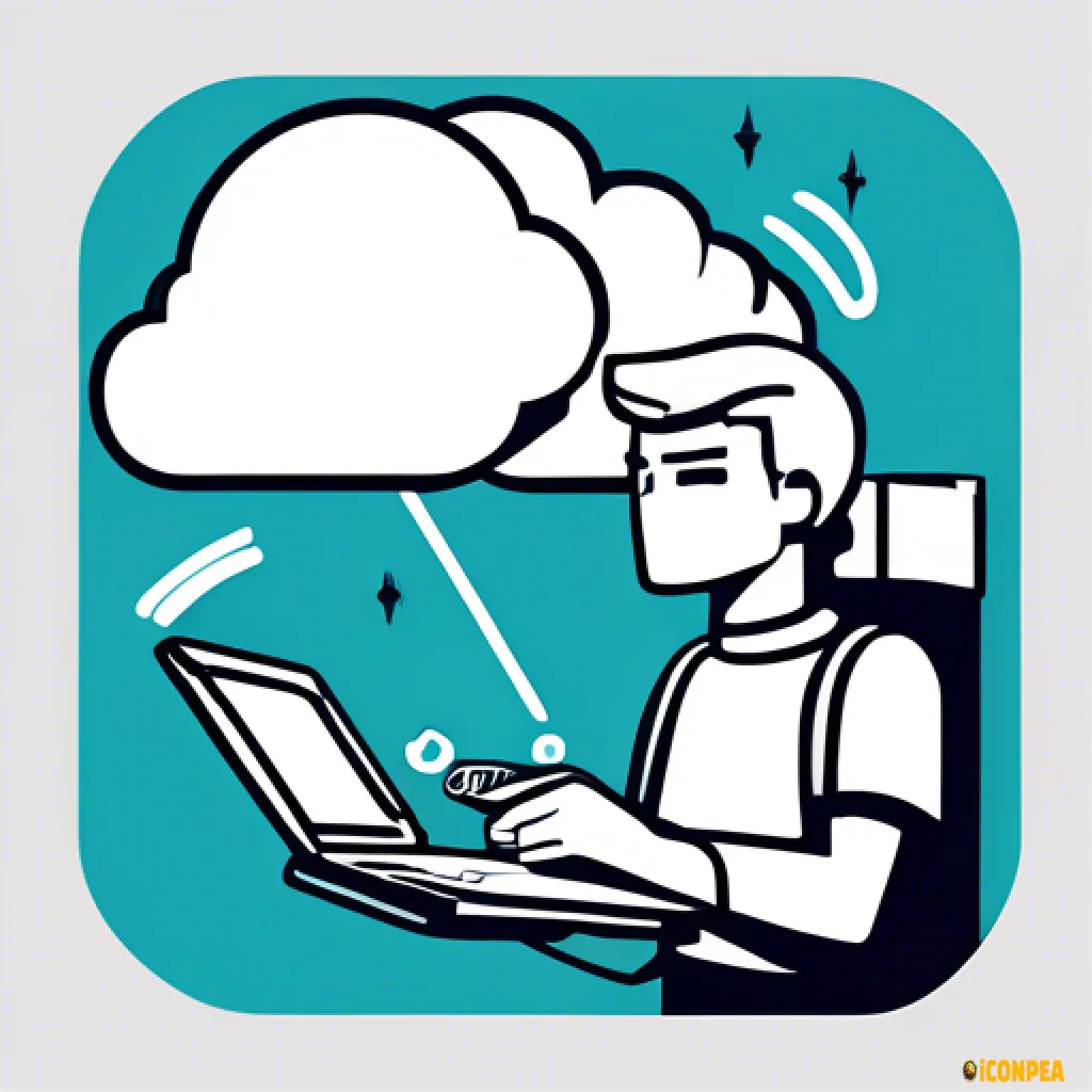 simple line drawn blocky icon, server in cloud sending wireless signals to satellite in space