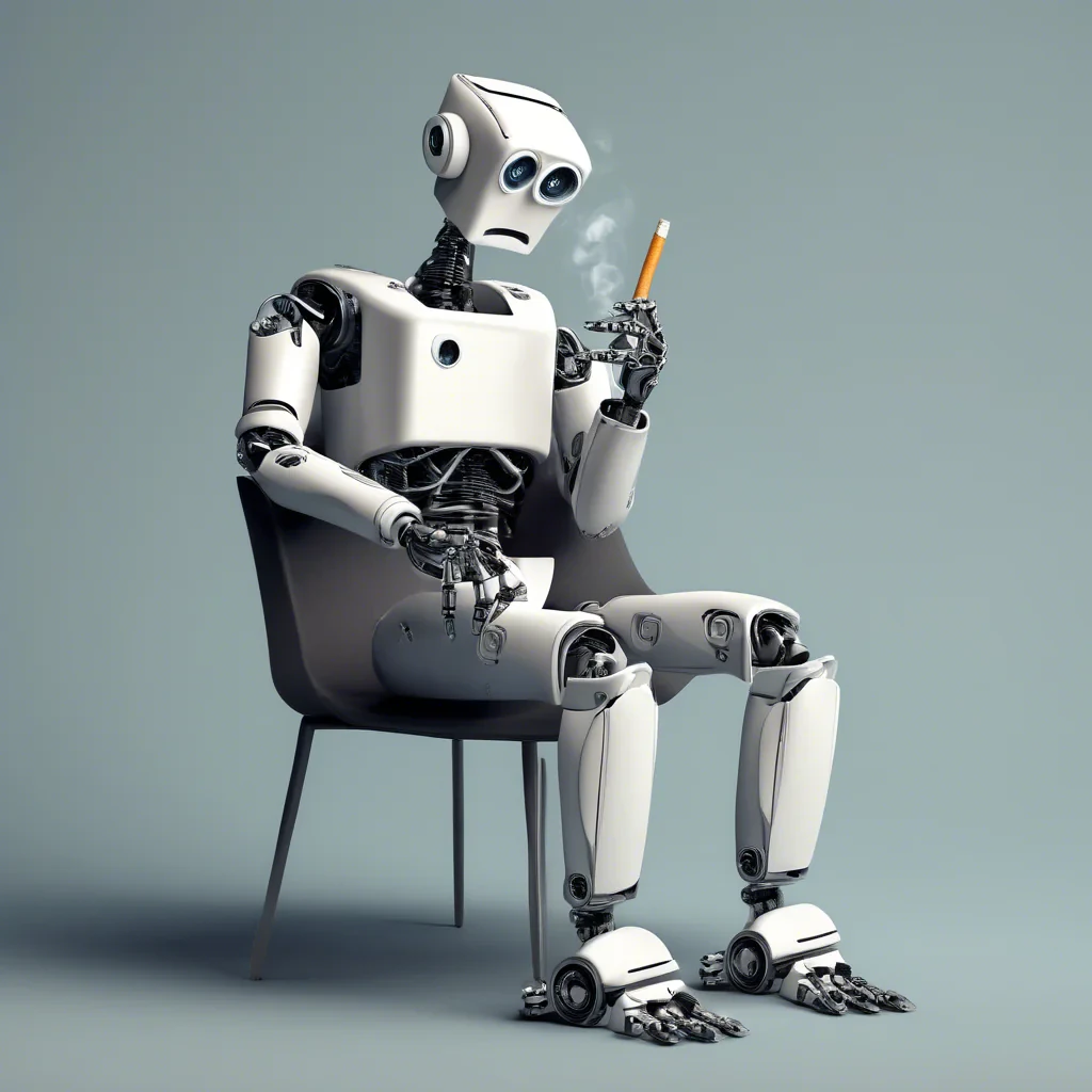 A tired robot sit with a cigarette in his hand.