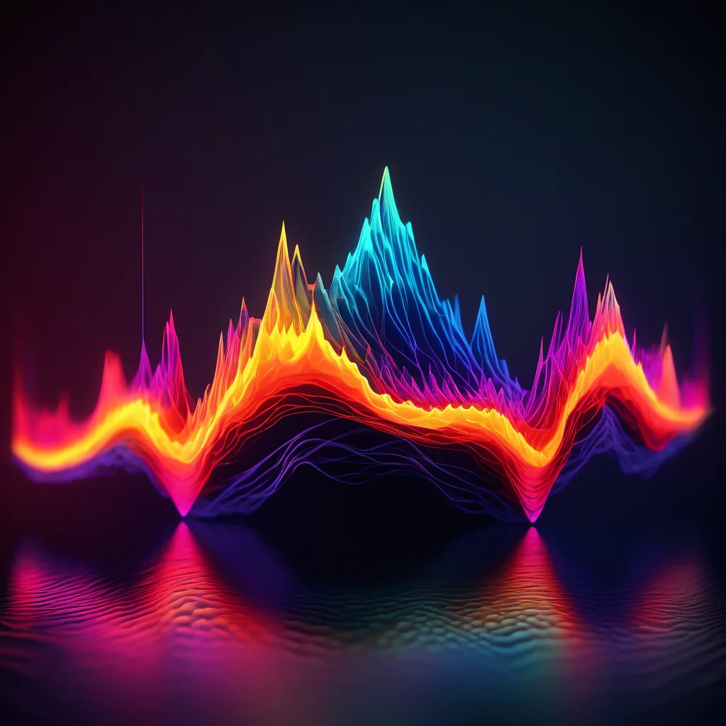 a colorful waveform that represents voice , a stylized sound wave,  a constantly shifting line, like a miniature mountain range, but instead of solid rock, it's made of vibrant, glowing colors.