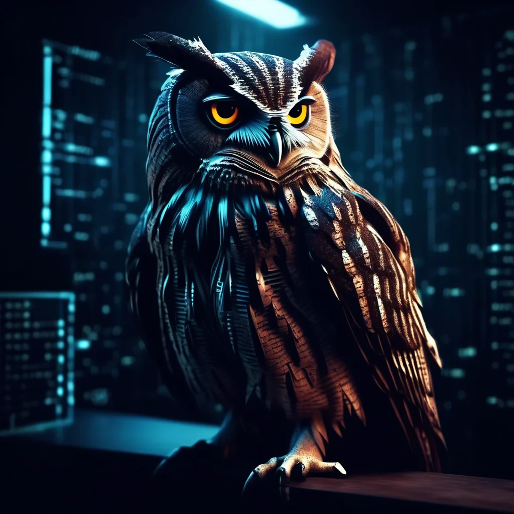 cyber night owl in a dark moody room. surveillance, spy, illuminati