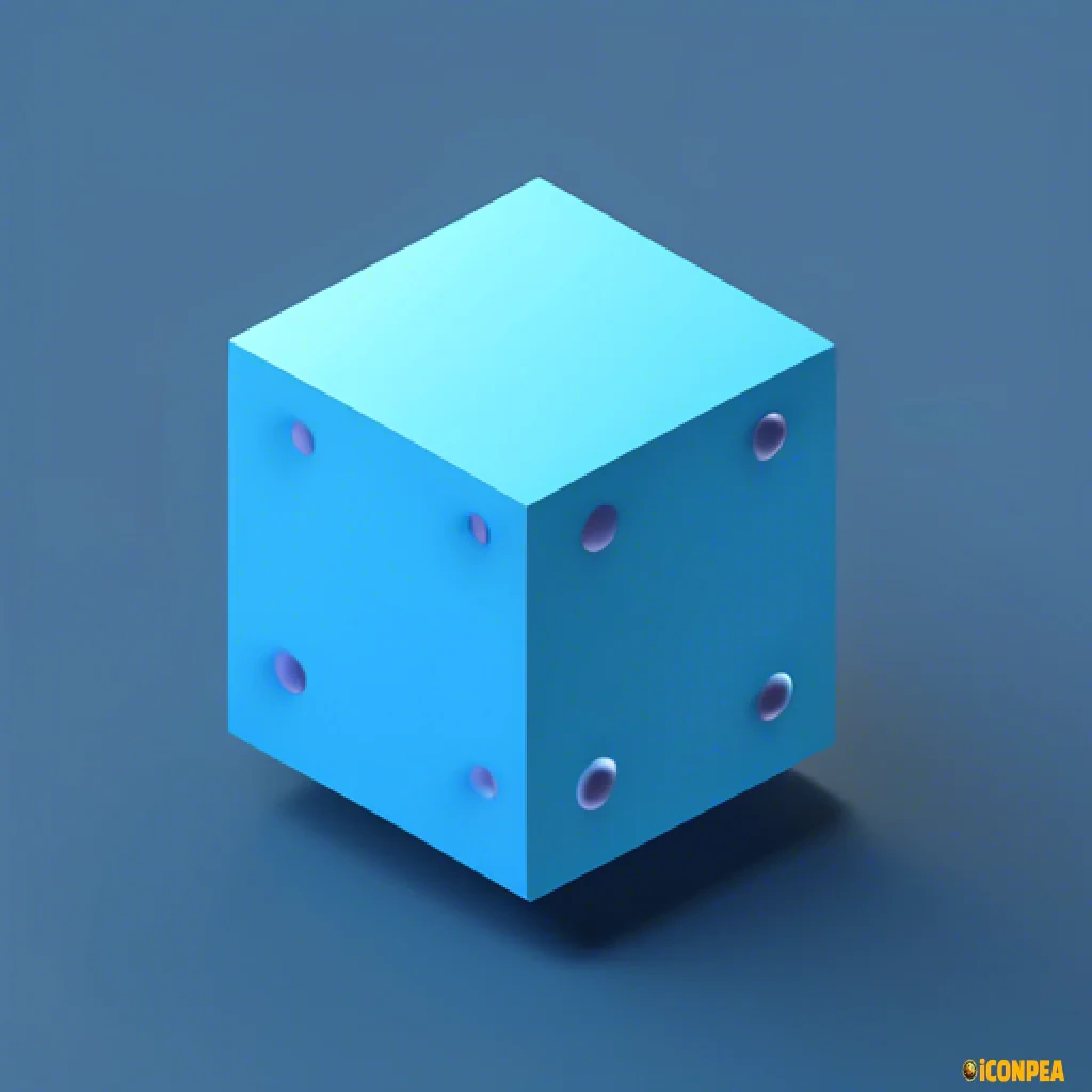 simple icon, low resolution, ai processing, blue, net dots surrounding pastel blue cube, 3d, isometric, tech design, solid dark gray background, no shadow