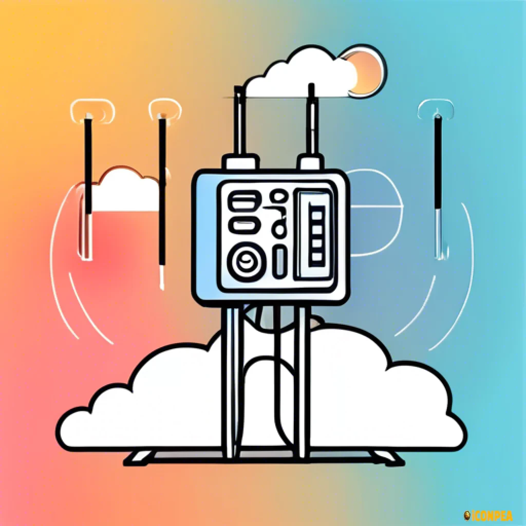 flat simple icon few colours satellite over a cloud beaming radio signals back to a server rack on the ground