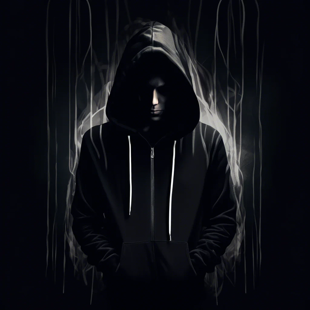 dark moody room with a portrait siluette wearing a black hoodie with white strings