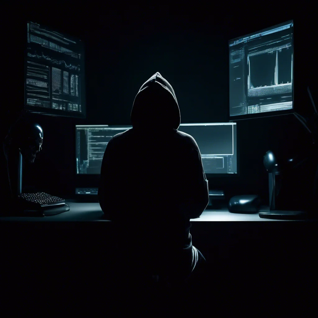 dark moody room with a siluette with a black hoodie, stearing at a computer screen
