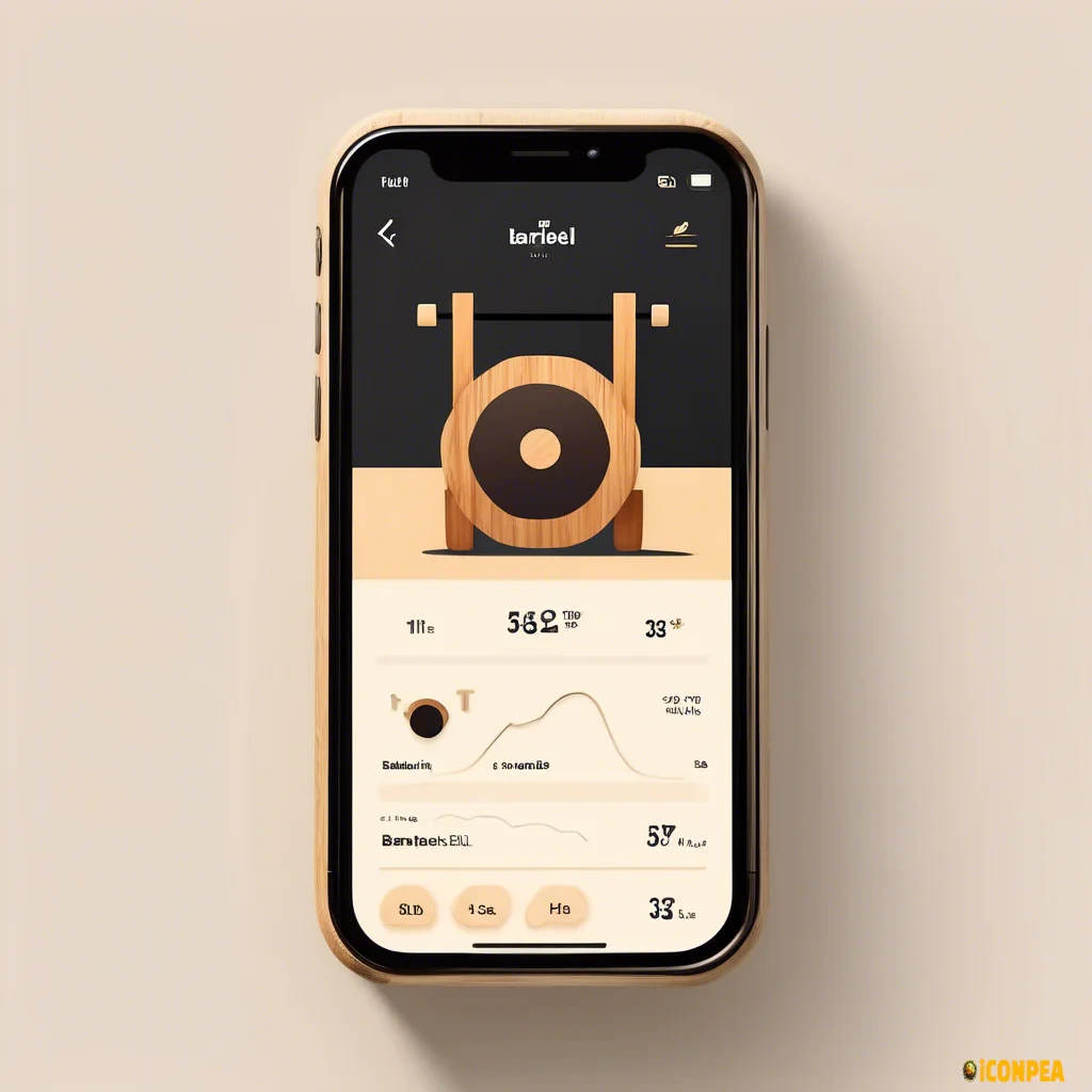 A sleek and user-friendly workout tracking app interface, prominently displaying a minimalist illustration of a wooden-handled barbell. The barbell is rendered in a clean, modern style, with the natural grain of the wood adding an organic touch to the digital scene. The barbell rests at the center of the screen, with the weight plates and bar appearing to be three-dimensional, as if they could be grasped.