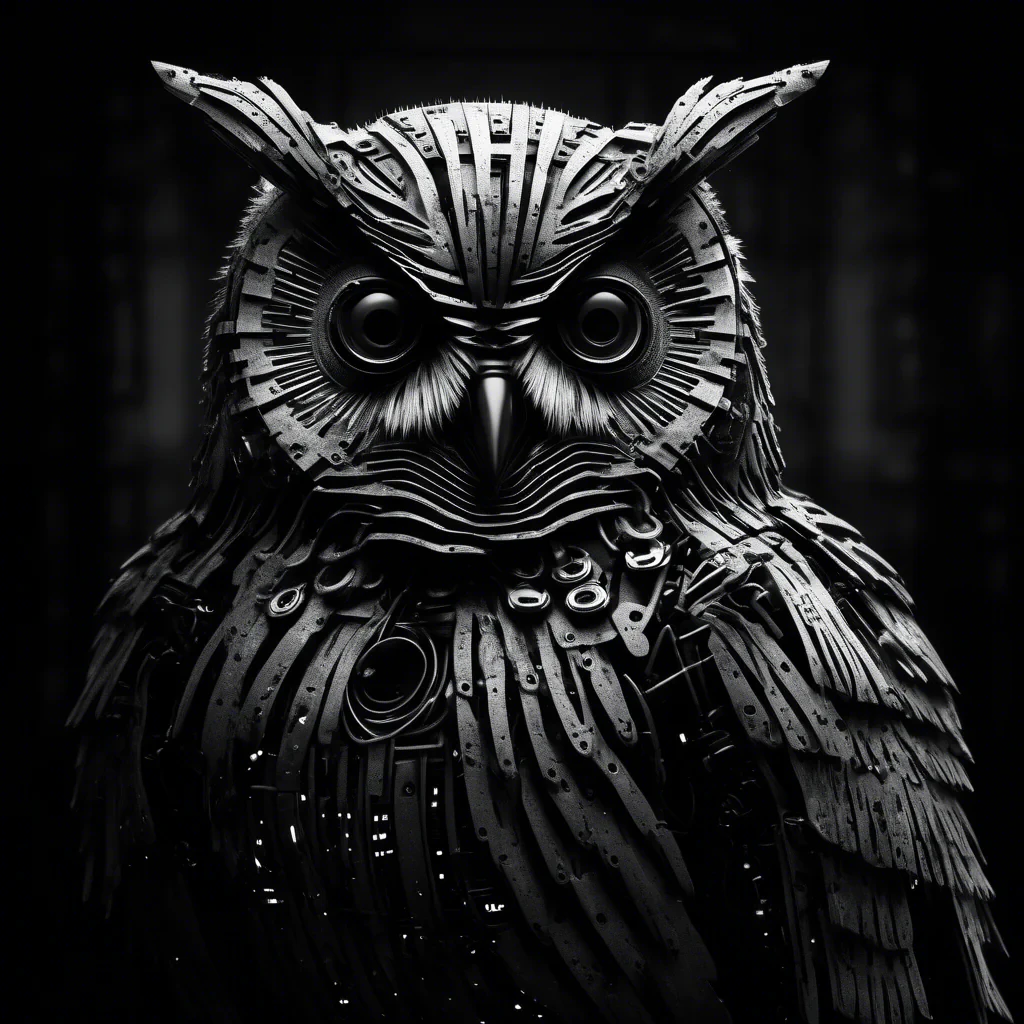 cyber owl in black and white moody dark atmosphere