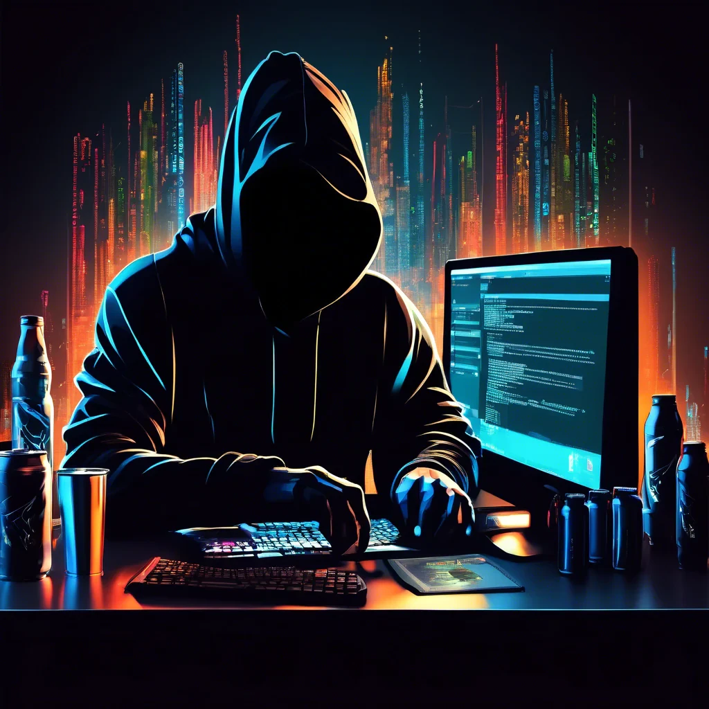 siluette with a black hoodie, stearing at a computer screen with code and energy drinks on the table