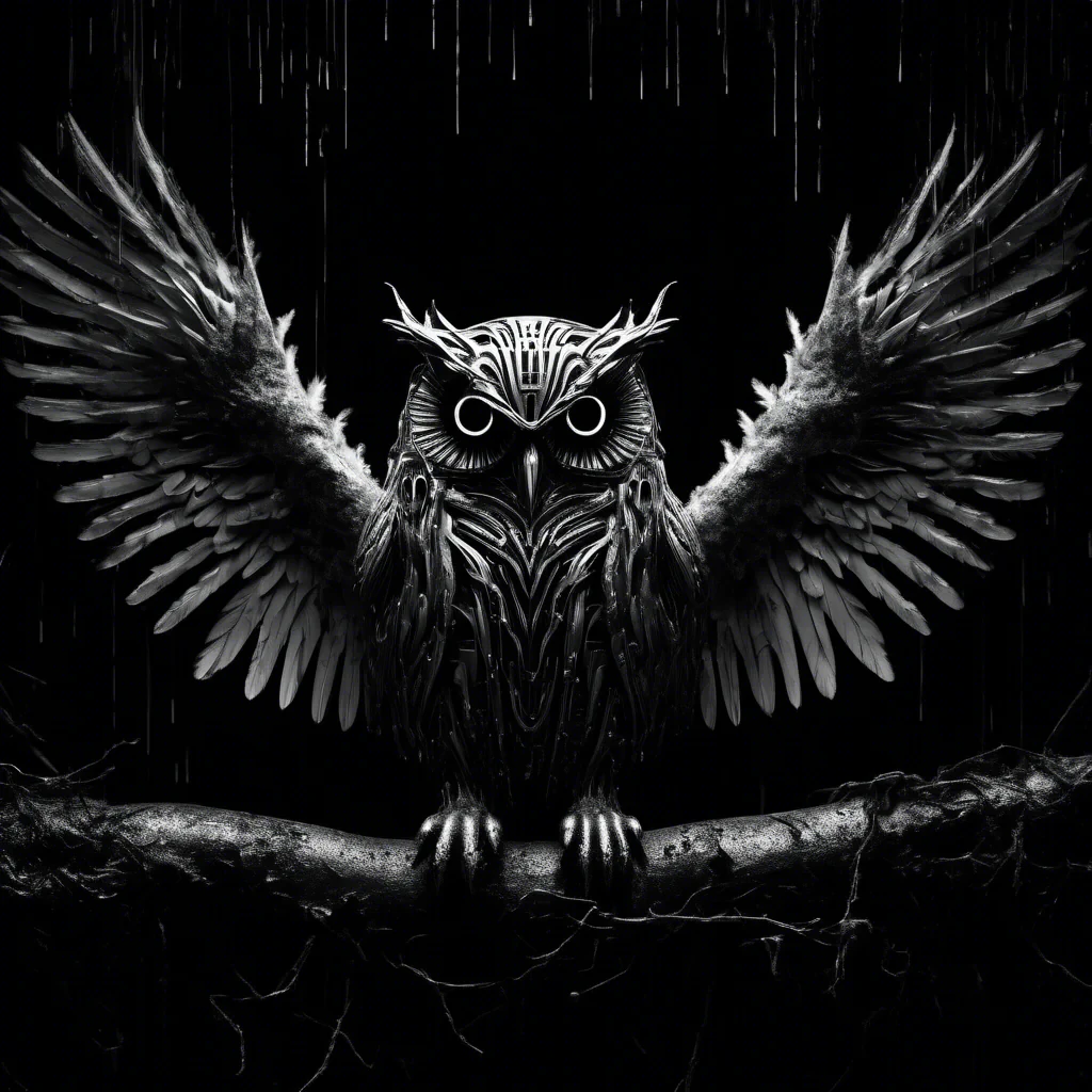 cyber owl in black and white moody dark atmosphere