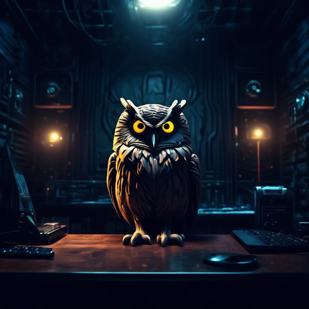 cyber night owl in a dark moody room illuminati behind