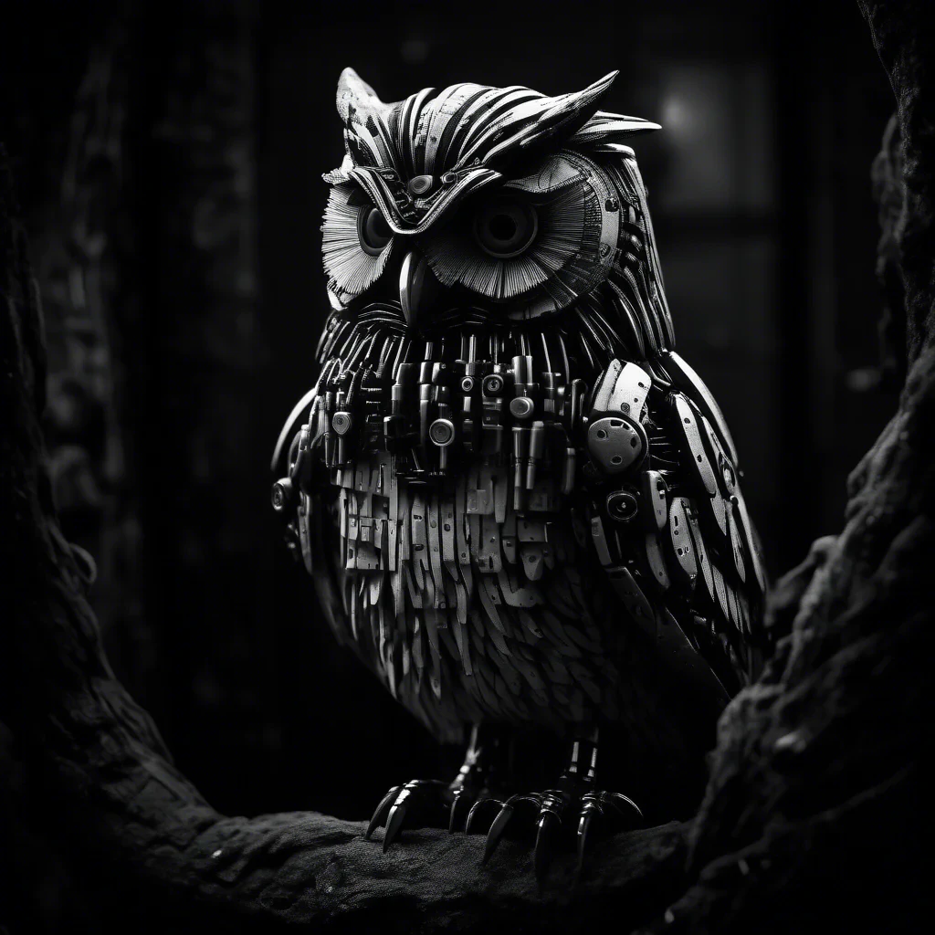 cyber spy owl in black and white moody dark atmosphere