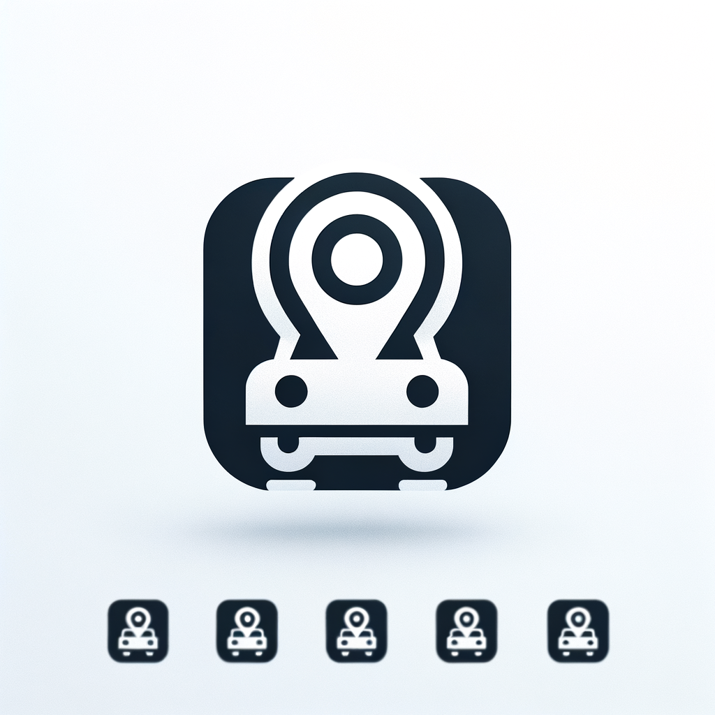 iOS style minimal app icon, flat and modern, simple car silhouette combined with a location pin, clean geometric shape, rounded edges, white background, use only white and #FFFF4081, no vintage, no retro, no gradient, no shadow, no illustration, no text