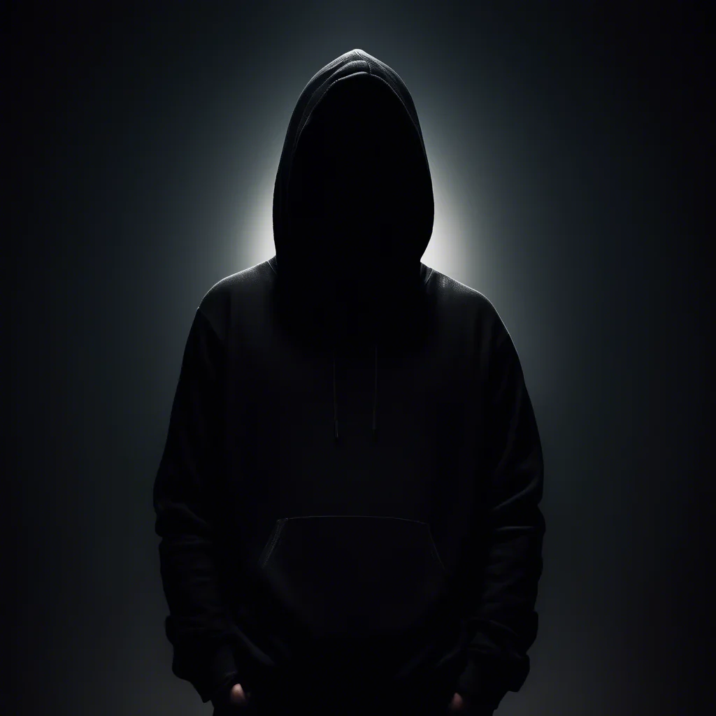 dark moody room with a siluette wearing a black hoodie, stearing at the viewer