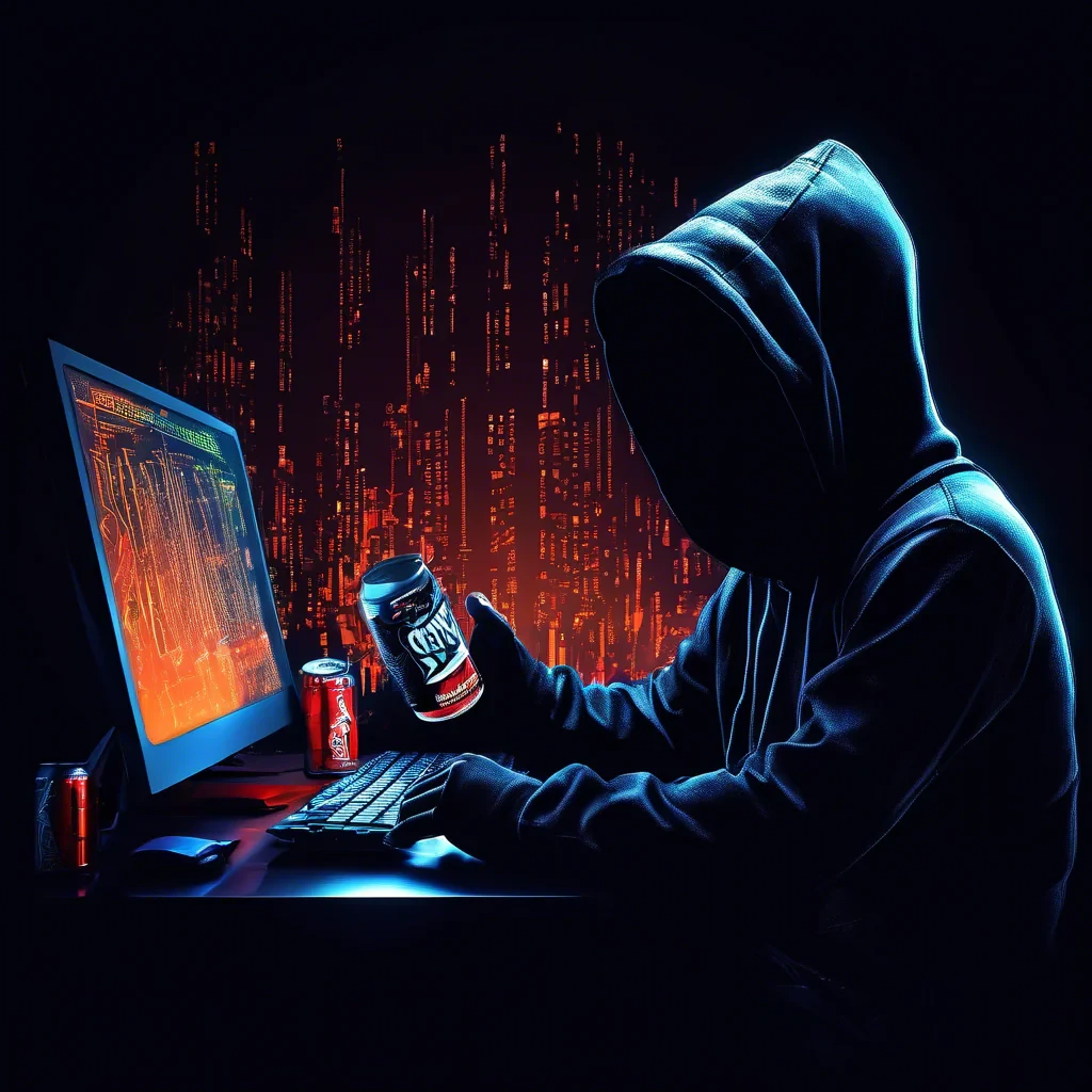 siluette with a black hoodie, stearing at a computer screen with code and energy drinks on the table
