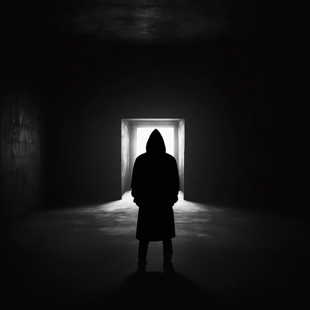 dark moody room with a siluette wearing a black hoodie, stearing at the viewer