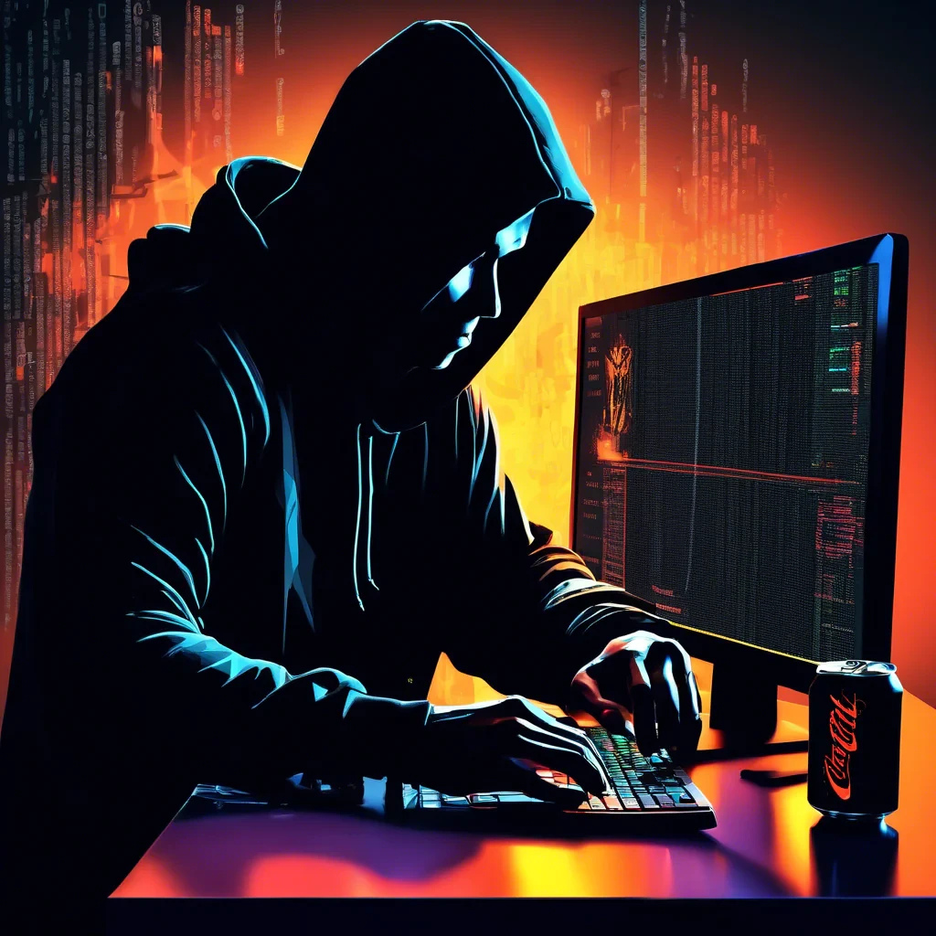 siluette with a black hoodie, stearing at a computer screen with code and energy drinks on the table