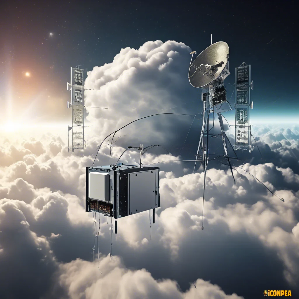 satellite over a cloud beaming radio signals back to a server rack on the ground