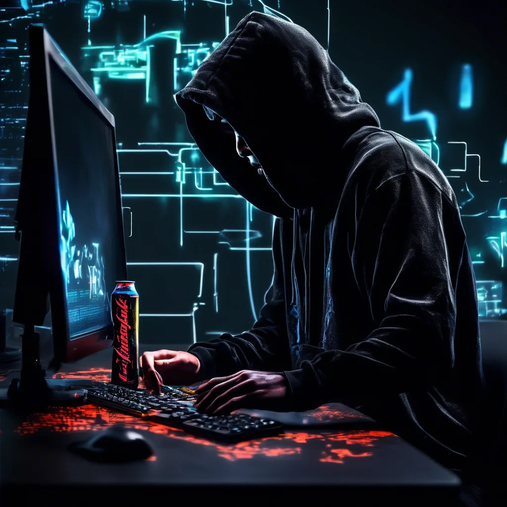 siluette with a black hoodie, stearing at a computer screen with code and energy drinks on the table