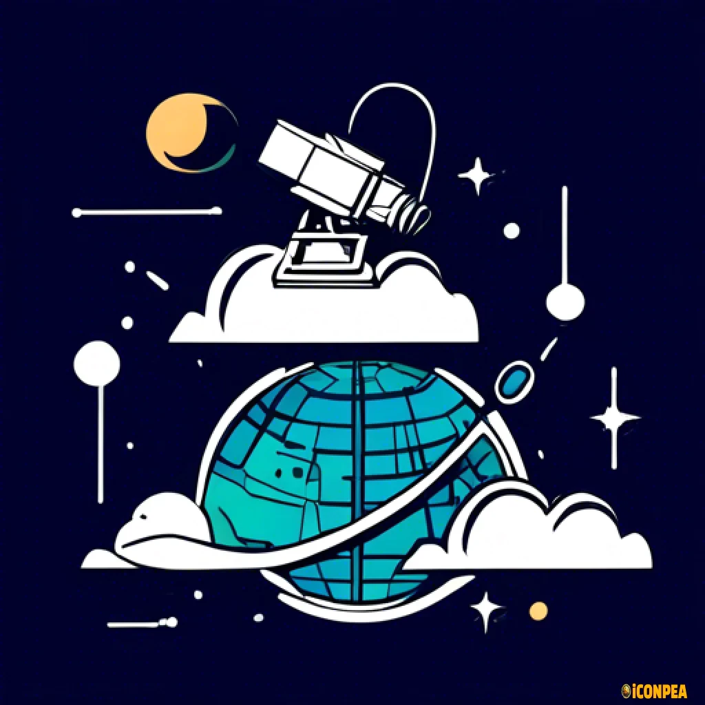 simple line drawn blocky icon, server in cloud sending wireless signals to satellite in space