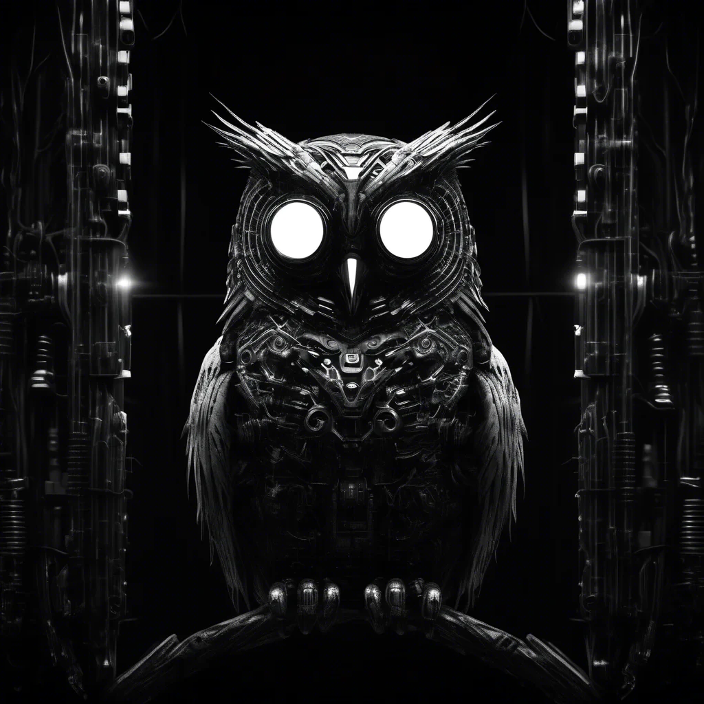 cyber owl in black and white moody dark atmosphere