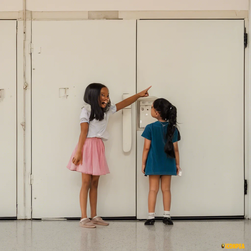 two girls standin beside a door and pointing toward the door