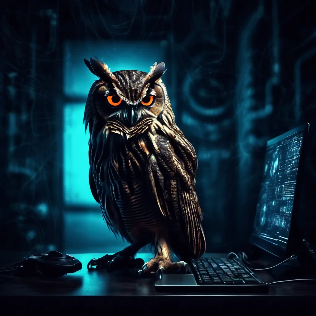 cyber night owl in a dark moody room. surveillance, spy, illuminati