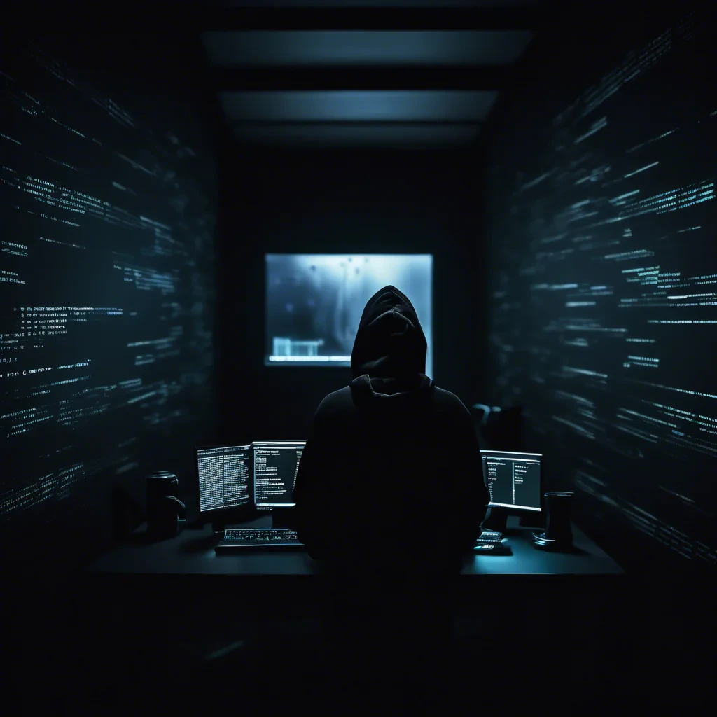 dark moody room with a siluette with a black hoodie, stearing at a computer screen with code