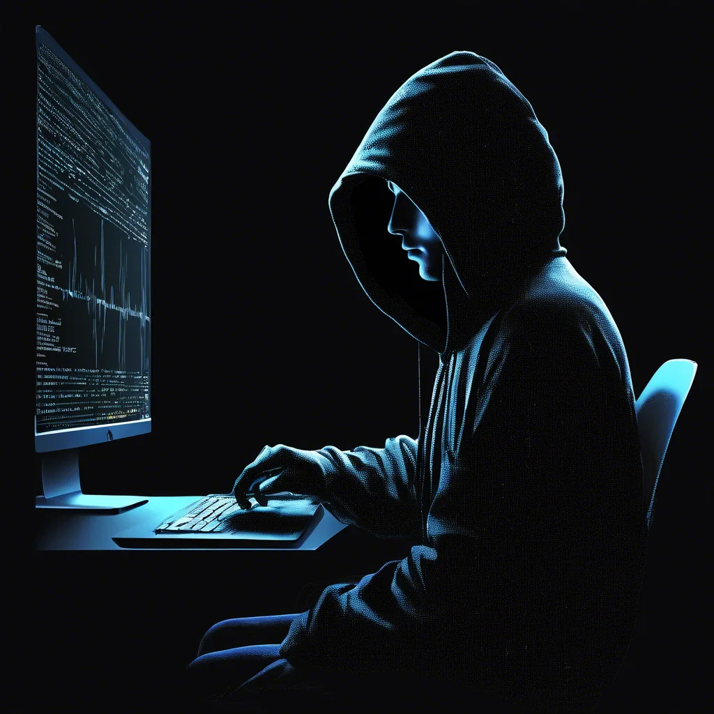 siluette with a black hoodie, stearing at a computer screen with code on the screen