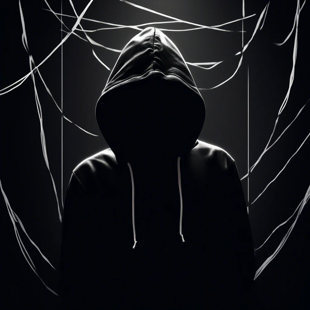 dark moody room with a portrait siluette wearing a black hoodie with white strings, looking up close