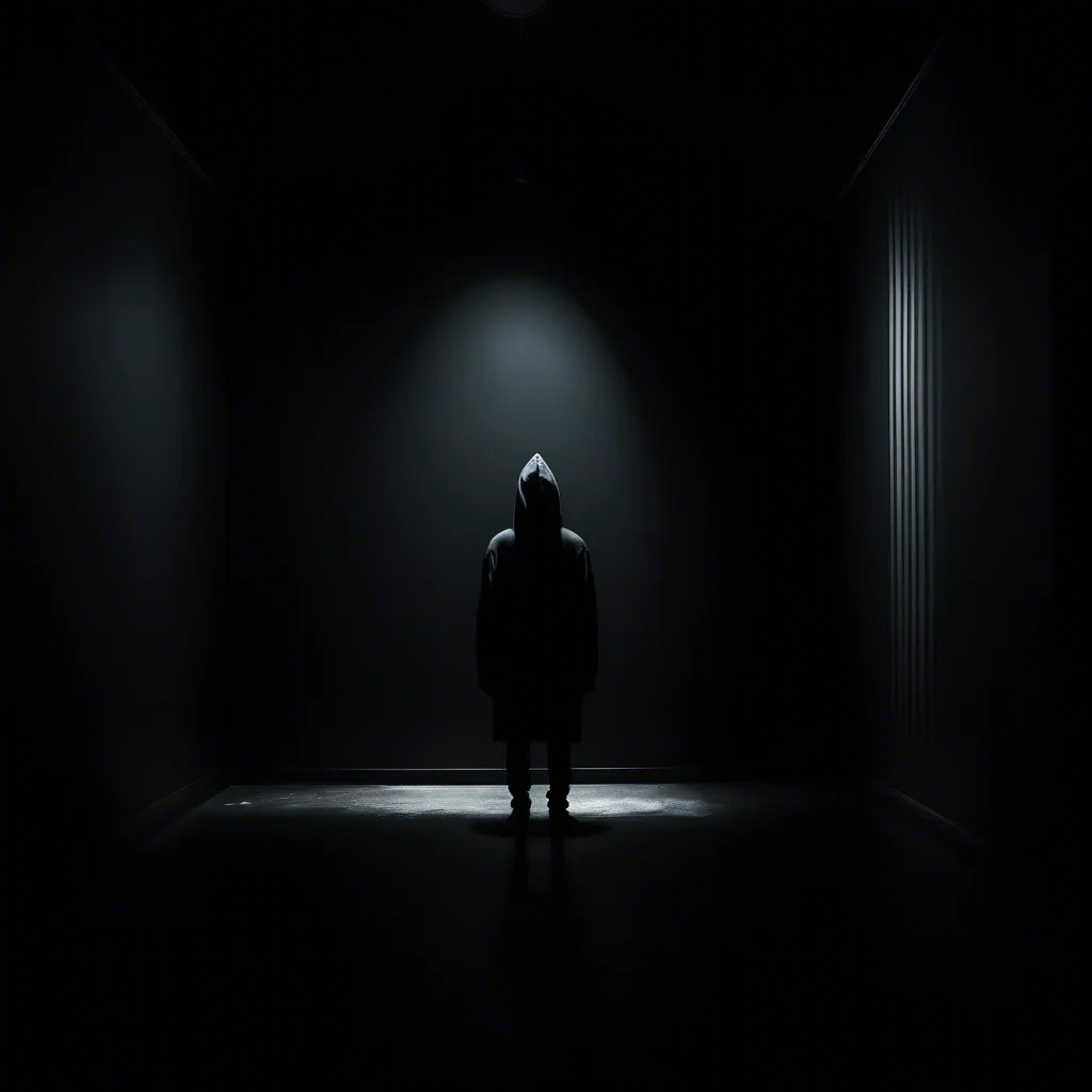 dark moody room with a siluette wearing a black hoodie with white stripes