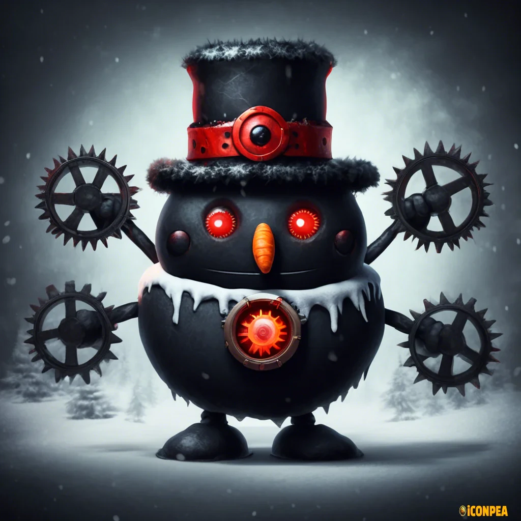 the head of an evil black snowman with red eyes, who has a big gear instead of a hat and a bitten carrot instead of a nose