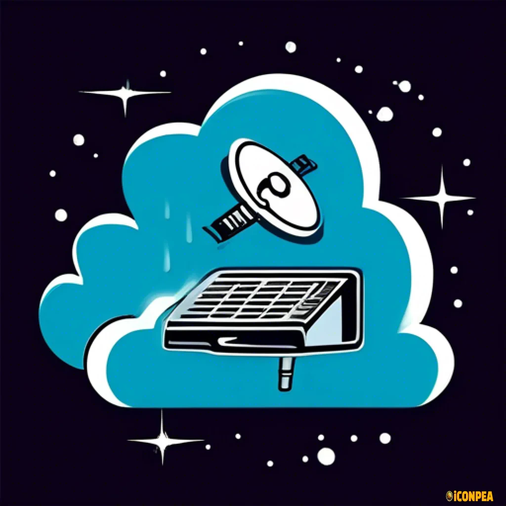 simple icon, server in cloud sending wireless signals to satellite in space