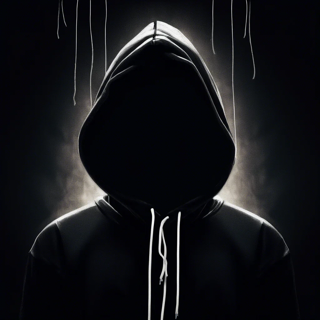 dark moody room with a portrait siluette wearing a black hoodie with white strings, looking up close