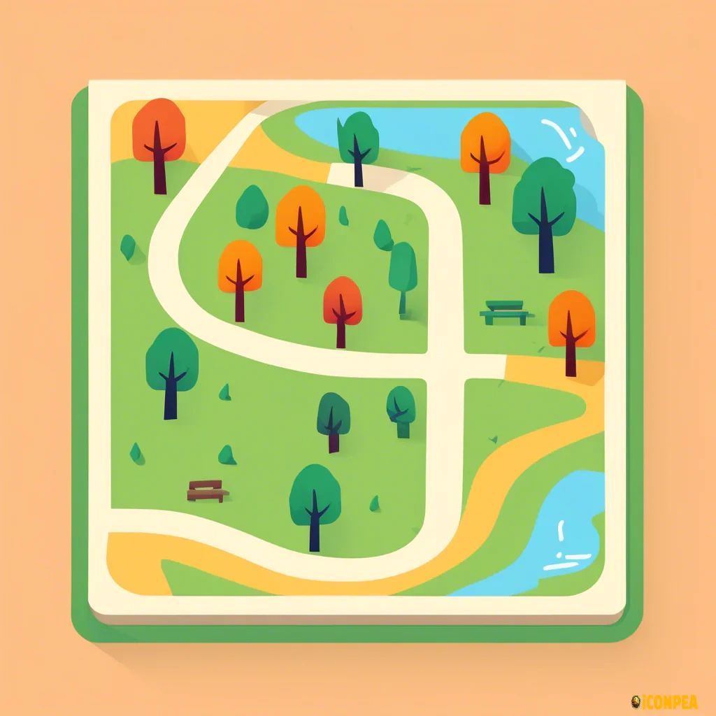 a colorful square flat map icon with a grave stone, trees and a path and the word "Beechwood Maps" on it